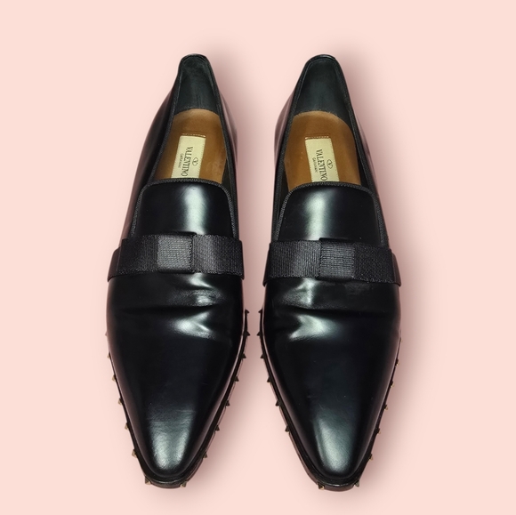 Valentino Garavani Rockstud Black Leather Pointed Toe Loafers Flats Womens Luxe